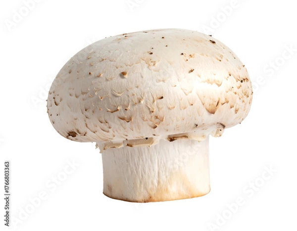 Fototapeta A close-up of a white mushroom, its cap speckled, against a contrasting black background, highlighting its texture