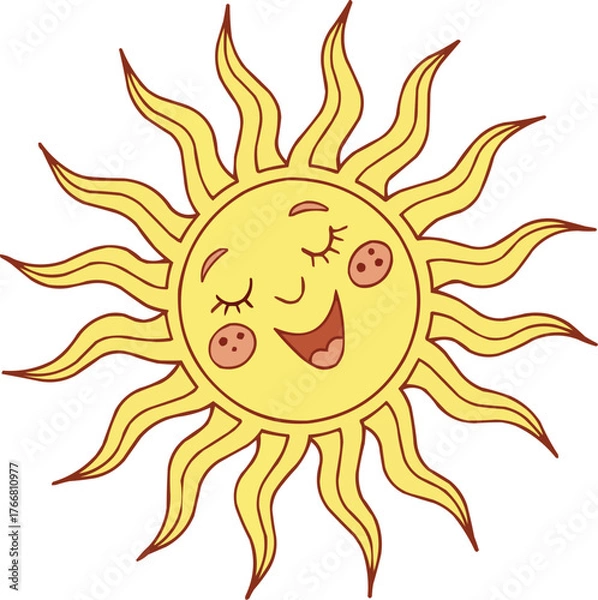 Fototapeta A bright yellow cartoon sun with a happy smile is a perfect summer vector illustration symbol of sunshine and heat.
