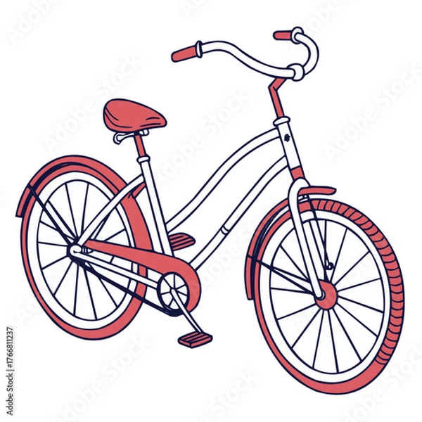 Fototapeta Vintage red bicycle vector illustration, a classic sport transport cycle with white background and black silhouette detailing.