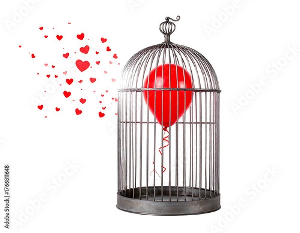 Obraz A red balloon floats in a birdcage; red hearts escape, against a black background symbolizing lost love or freedom