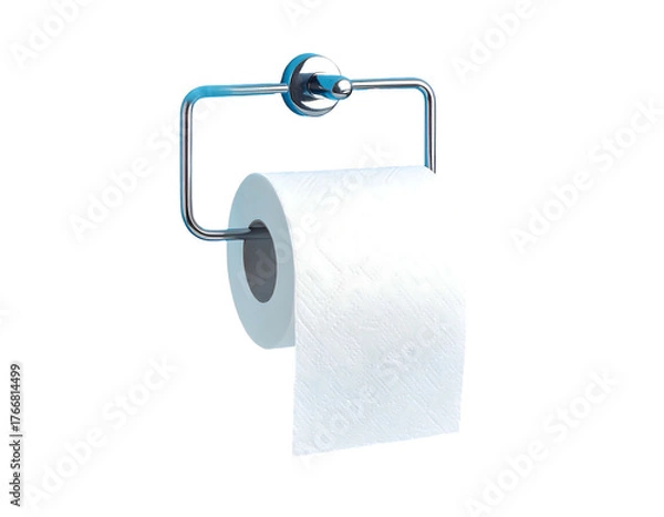 Obraz A roll of white toilet paper hangs from a chrome, rounded, rectangular wall-mounted holder on a black background