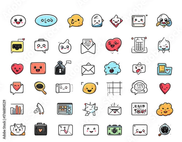 Fototapeta A collection of whimsical, hand-drawn style icons with cute, expressive faces and playful designs on black background