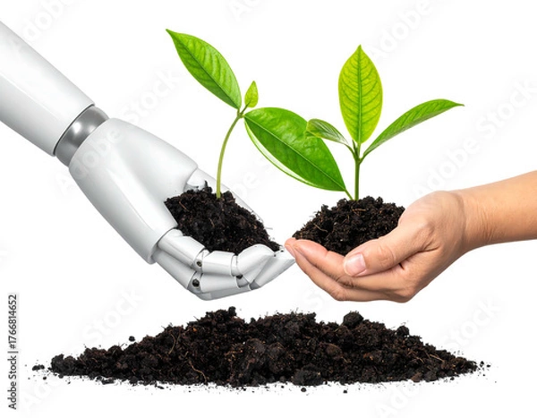 Obraz A robot & human hand both holding soil with plant. Ground with soil at the bottom