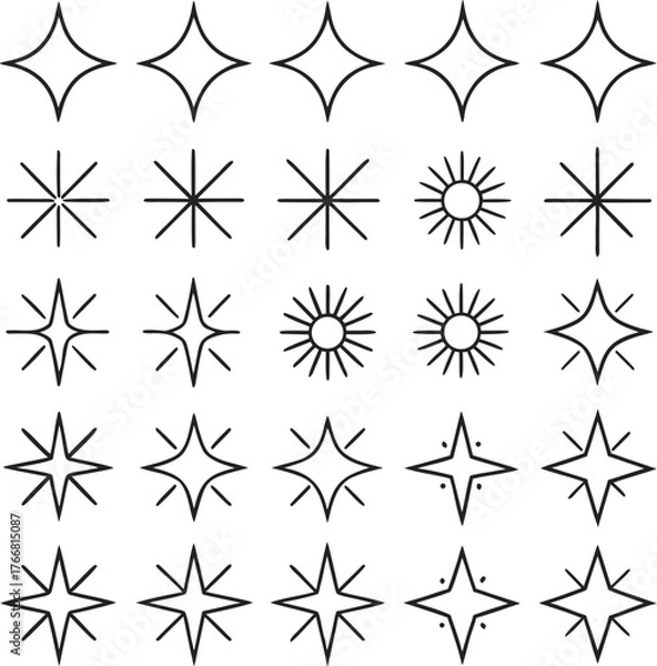 Fototapeta Collection of 21 minimalist black line art star and sunburst icons symbol graphic
