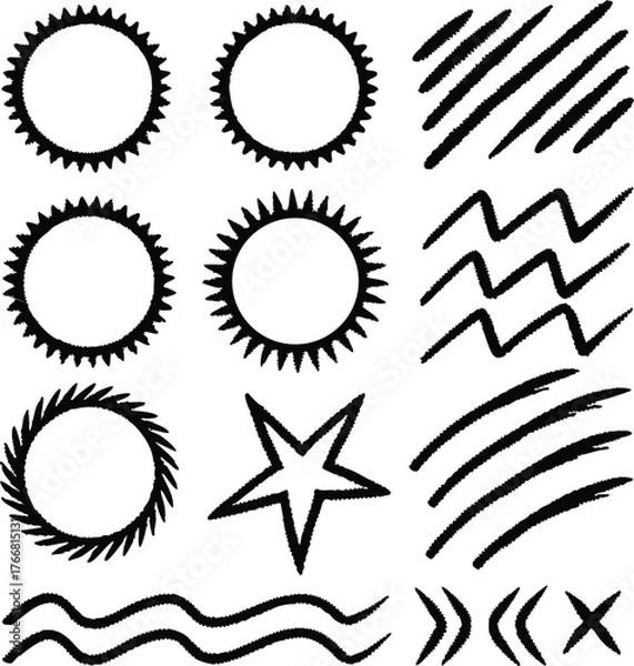 Fototapeta Collection of black chalk drawn abstract shapes and lines on white background