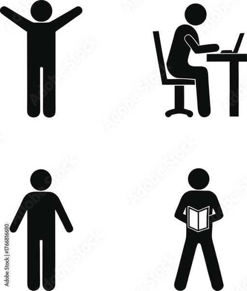 Fototapeta Four black human silhouette icons showing different activities person at desk reading and standing activity