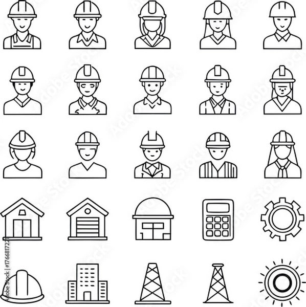 Fototapeta Set of 20 black line icons depicting construction workers buildings and industry equipment construction worker icon