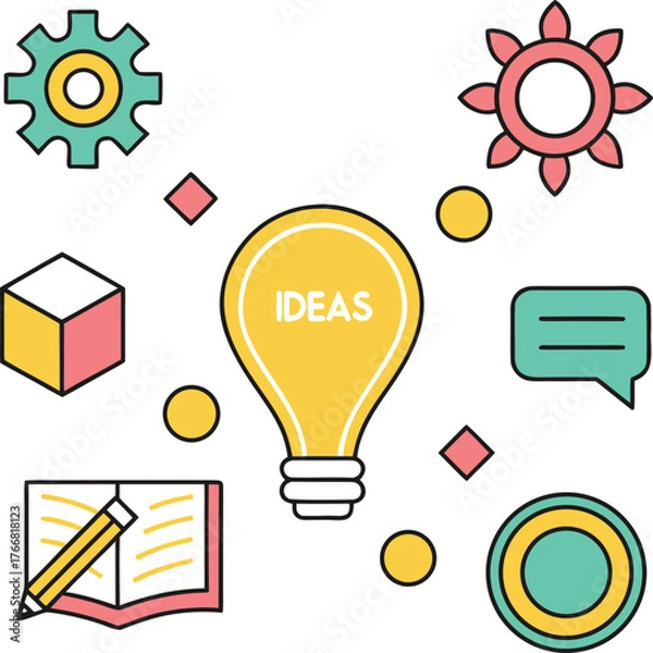 Fototapeta Yellow lightbulb with I D E A S text surrounded by creative icons and text ideas creativity