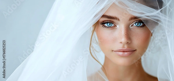 Obraz Beautiful woman with elegant eyebrows and striking blue eyes, wearing delicate veil, exudes grace and charm in soft, serene setting