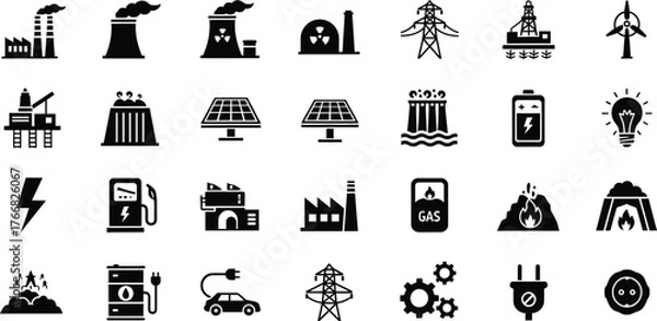 Fototapeta Collection of industrial and energy related icons representing power generation and consumption isolated on transparent background