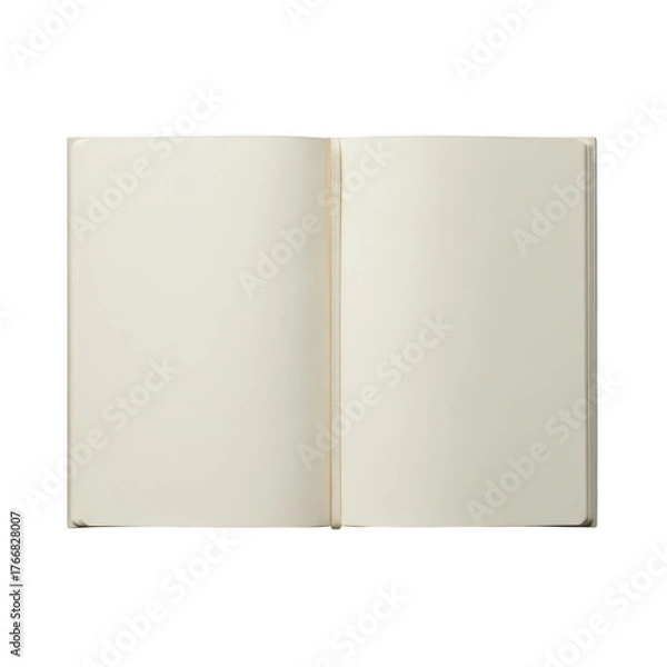 Fototapeta A blank open notebook with cream colored pages lies flat ready for writing or drawing isolated on transparent background