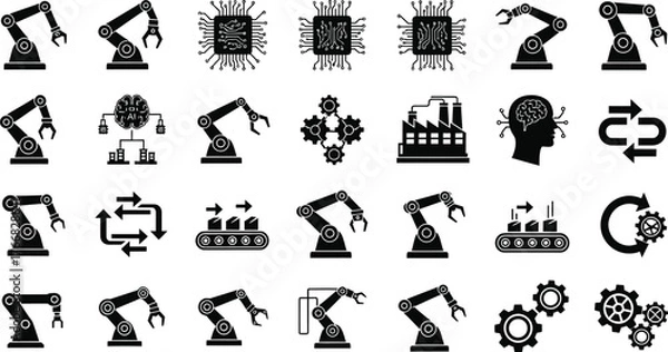 Fototapeta Collection of industrial robot arms microchips factory brain and gears icons representing automation and technology isolated on transparent background