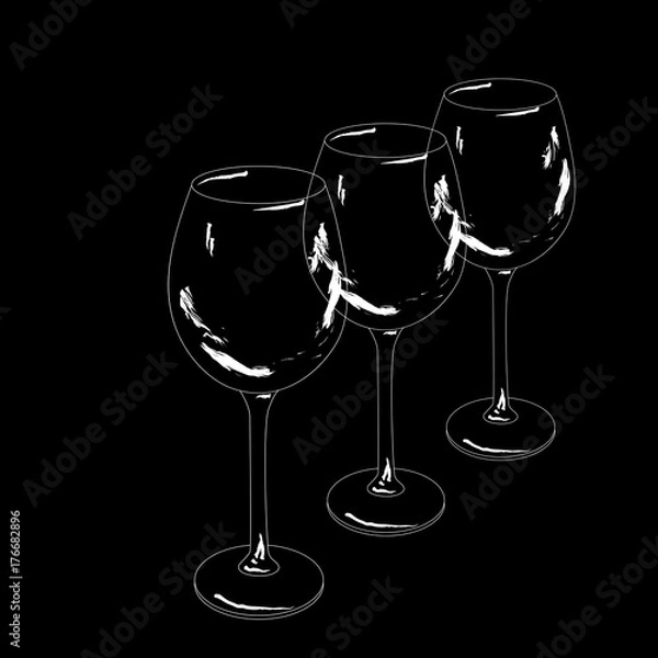Fototapeta Kontury trzech kieliszków do wina ustawionych w rzędzie na czarnym tle. Ilustracja wektorowa