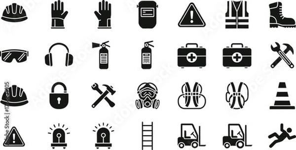 Fototapeta Collection of black safety and construction icons representing personal protective equipment and hazard symbols isolated on transparent background