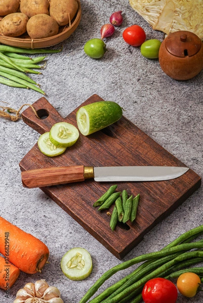 Fototapeta photo of a kitchen knife specifically for cutting vegetables and fruit, mirror and satin knife material
