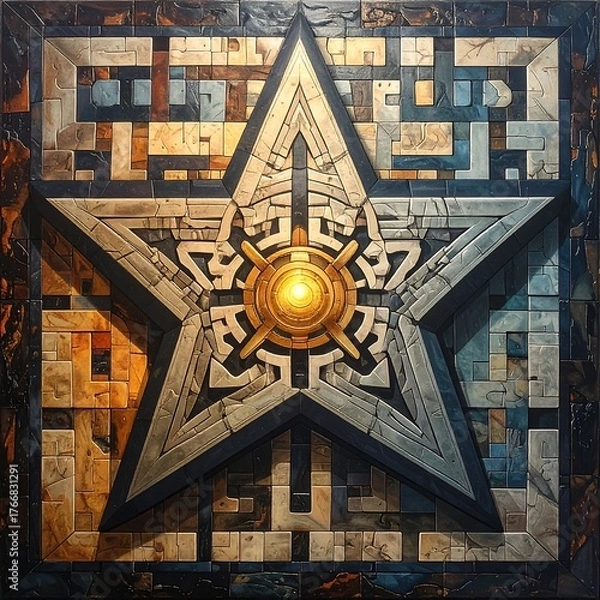 Fototapeta Star-shaped mosaic with a golden center and geometric details