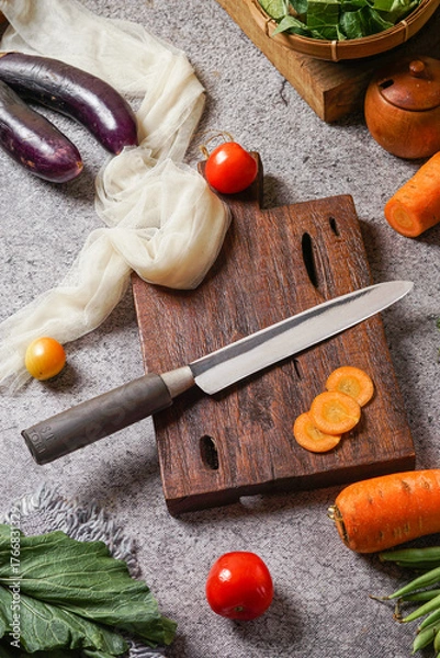 Fototapeta photo of a kitchen knife specifically for cutting vegetables and fruit, mirror and satin knife material