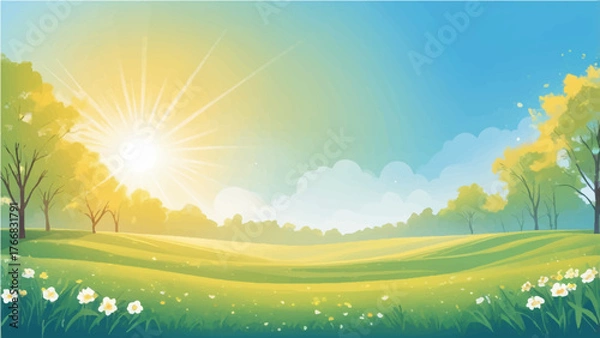 Fototapeta Sunny summer landscape with green fields and blue sky