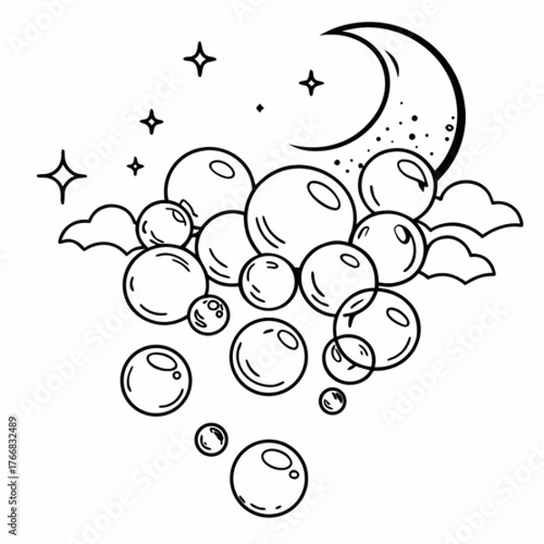 Obraz Minimilist illustration of a crescent moon with stars clouds and a cluster of bubbles in a black and white style vector