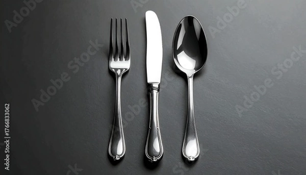 Obraz Polished silverware set fork, knife, and spoon arranged formally
