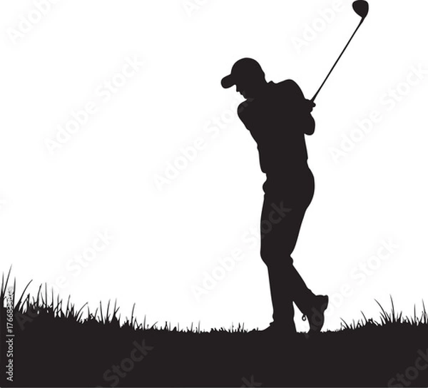 Fototapeta Black silhouette of a golfer swinging a club on grass
