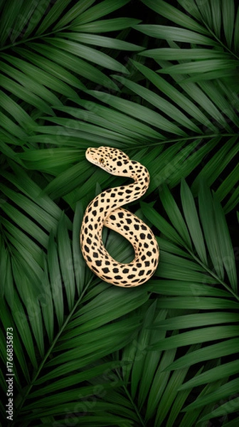 Fototapeta Leopard patterned snake curled on tropical palm leaves background with natural beauty
