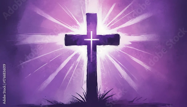 Obraz Illuminated Cross with Radiant Light Purple Background Spiritual Religious Symbol