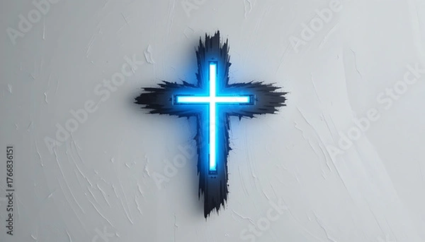 Obraz Neon Blue Cross on White Wall with Artistic Glitch Effect