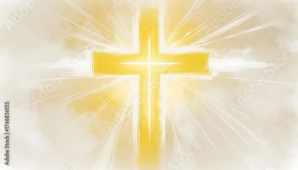 Obraz Golden Cross with Bright Light Radiating in the Sky