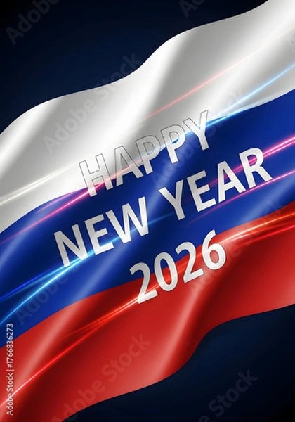 Obraz Happy new year 2026 with waving russian flag, festive greeting card