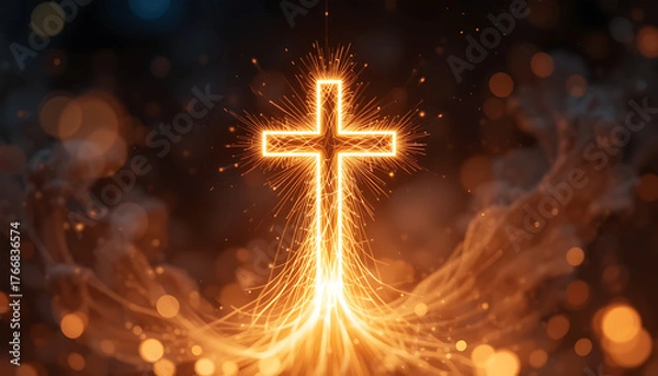 Obraz Glowing Cross with Sparkling Light Effects in Dark Background for Religious and Spiritual Themes