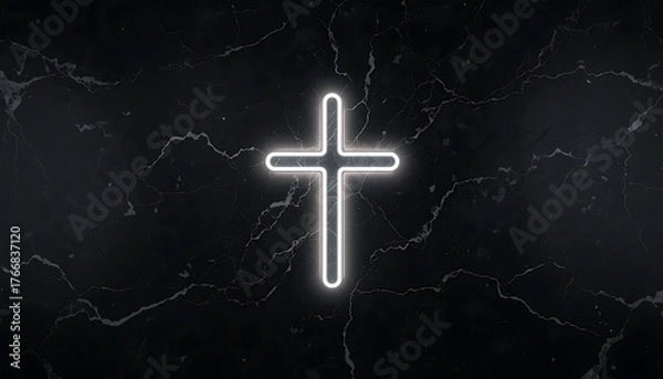 Obraz Neon Cross Sign Illuminated on Dark Marble Background for Religious or Spiritual Content