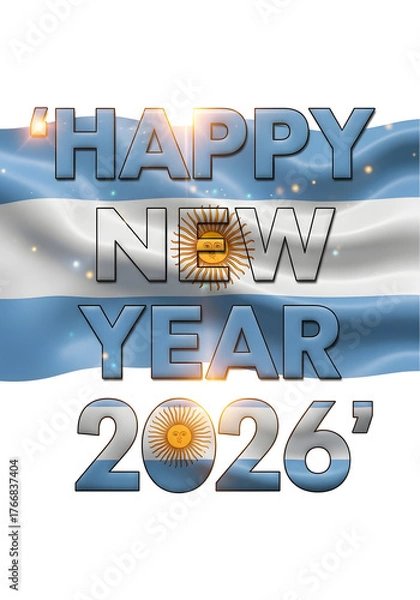 Obraz Happy new year 2026 with waving argentina flag, isolated on white background
