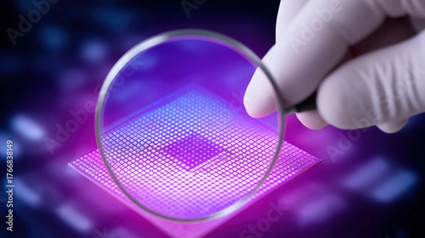 Fototapeta Microchip under magnifying glass held by gloved hand with purple light glow