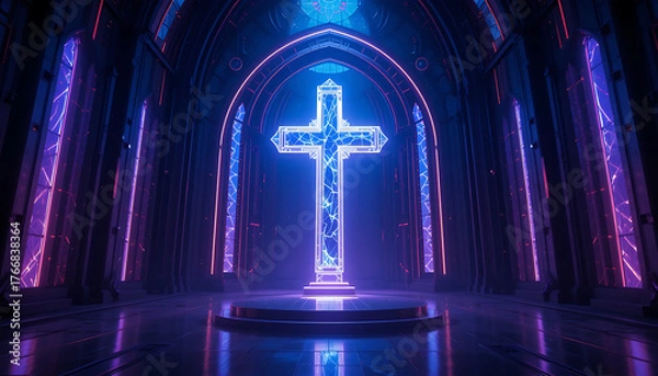 Obraz Futuristic Neon Cross Inside Dark Gothic Cathedral with Purple Blue Lighting