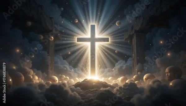 Obraz Bright Illuminated Cross in Heavenly Clouds with Radiant Light and Celestial Atmosphere