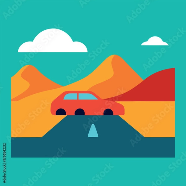 Obraz minimal colorful vector of car driving on open road with mountains background