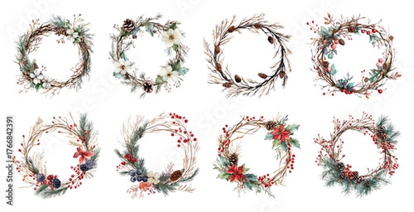Fototapeta PNG Elegant festive floral wreaths collection, element set on transparent background