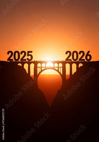 Obraz Bridge between 2025 and 2026 at sunset, symbolizing transition to new year