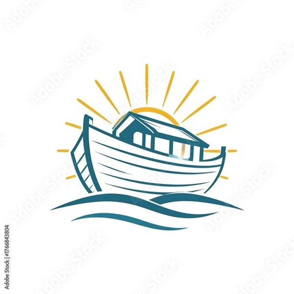 Fototapeta Stylized blue ark on waves with yellow sunburst background