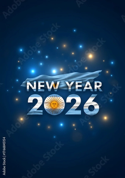Obraz Happy new year 2026 banner with argentina flag on blue bokeh background