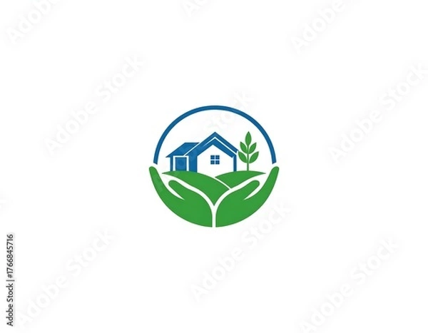 Obraz Stylized emblem of home, tree, and hands within a circle