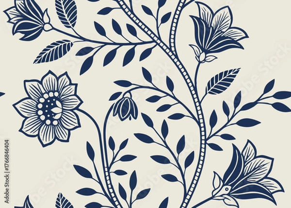 Obraz Vintage floral ethnic tapestry modern embroidery texture boho design vector illustration hand drawn silhouette indigo blue flower motif branches leaves wallpaper seamless background border.icon

