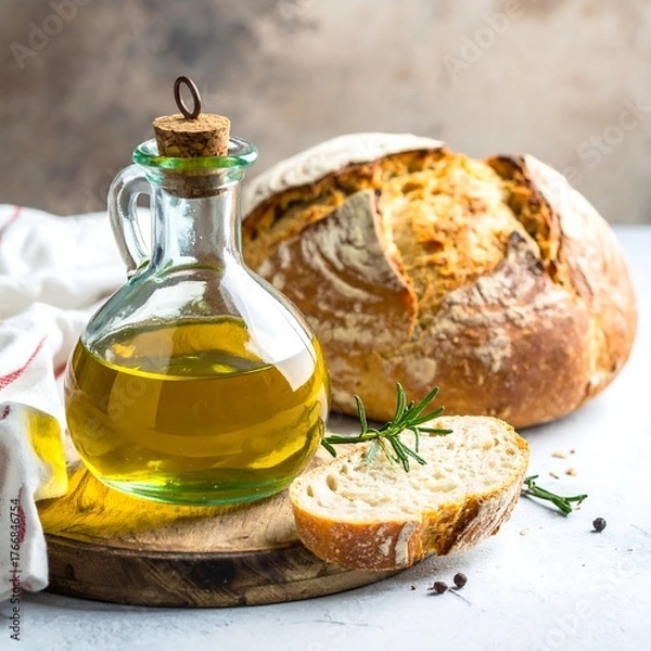 Fototapeta Still life of bread, olive oil, and herbs on a rustic surface