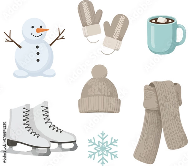 Fototapeta A flat vector illustration of a Christmas icon set featuring a snowman, ice skates, hat, scarf, mittens, and mug on a white background.
