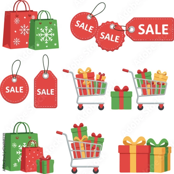 Fototapeta A flat vector illustration of a Christmas icon set featuring gift bags, sale tags, and shopping carts filled with presents on a white background.