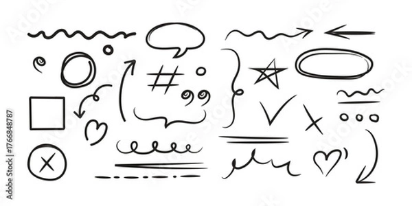 Obraz Line cute element set. Hand-drawn sketch doodle style arrow, cloud, star with marker stroke pencil highlight. Doodle sketch heart, star, cloud cartoon sticker shapes