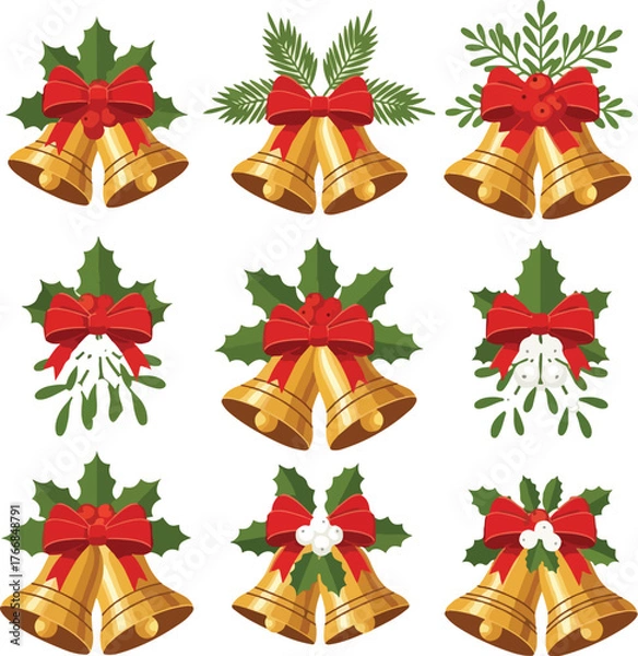 Fototapeta Flat vector illustration of a Christmas icon set featuring golden bells with red bows and festive holly on a white background.