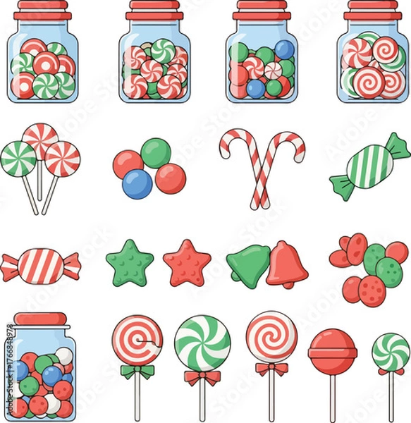 Fototapeta Flat vector illustration of a colorful Christmas icon set featuring various candies and sweets on a white background.