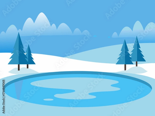 Fototapeta Winter landscape with frozen lake and pine trees under a cloudy blue sky day